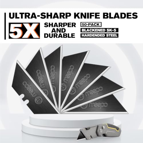 M MEEPO Utility Knife Blades, Never Rust, Blackened SK-5 Steel, 50-Pack | High strength blackened Blades, 5X sharper and durable，Storaged in hard plastic case, Standard size